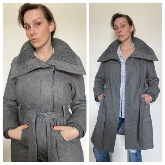 Express Coat Gray Midi Length Sweater Collar Asymmetrical Classy Medium - Picture 5 of 13